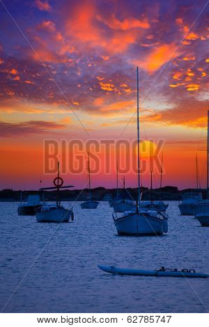 Formentera sunset at Estany des Peix lake in Balearic Islands