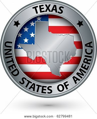 Texas State Silver Label With State Map, Vector Illustration