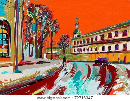 original digital painting of winter cityscape. Modern Impression