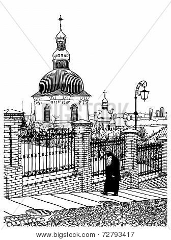 digital drawing of historical building landscape
