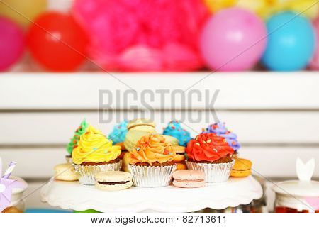 Prepared birthday table with sweets for children party