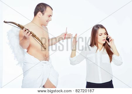 Little angel with a bow and businesswoman