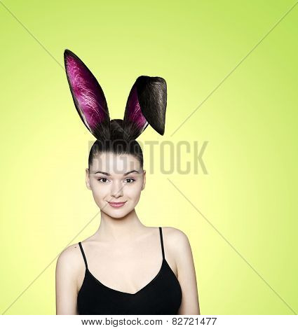 Beautiful Young Brunette Woman As Easter Bunny