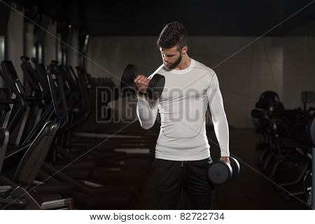 Handsome Man Exercising Biceps With Dumbbells