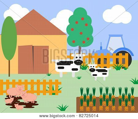 Illustration of cows and pigs at the farm