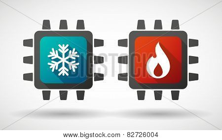 Cpu Icon Set With Fire And Ice Signs