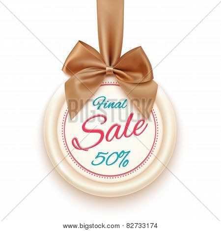 Final sale badge with golden ribbon and a bow, isolated on white background