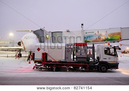 Moscow, Russia, February, 09,2015: de-icing machine at the airport