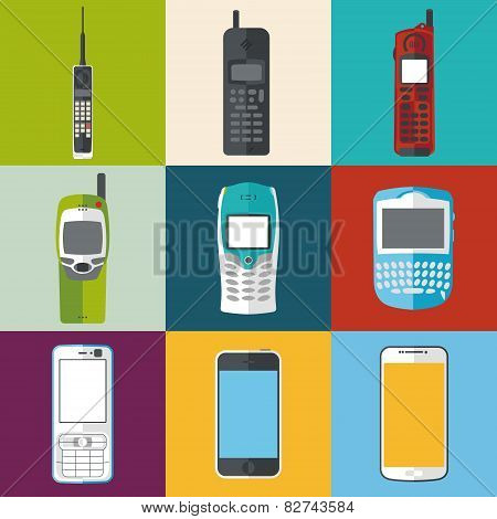 Different Mobile Phones And Smartphones Icon Set. Flat Style Vector Illustration