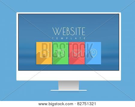 Stylish website template with colorful web icons on desktop for your business presentation.