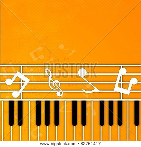 Musical notes with piano keyboard on seamless yellow background.