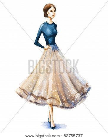 fashion illustration, watercolor sketch. Vector illustration.