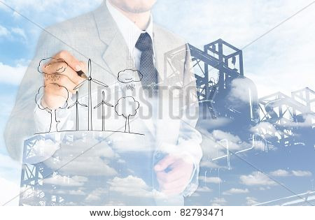 Double Eposure Business Man Evironment Conserve And Factory Cloud Sky Background