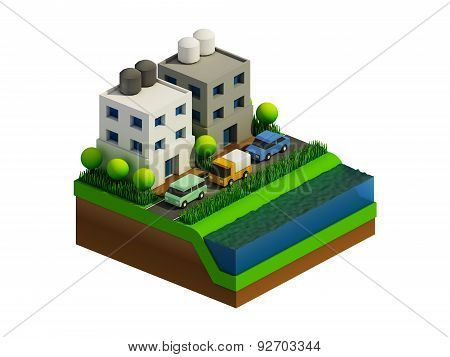 Isometric City Buildings, Landscape, Road And River