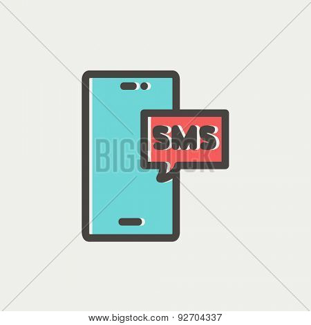 Mobile phone with SMS can receive and send messages icon thin line for web and mobile, modern minimalistic flat design. Vector icon with dark grey outline and offset colour on light grey background.