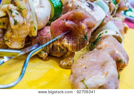 Freshly Prepared Beef Shish-ka-bob With Vegetables, Marinated And Ready For The Grill