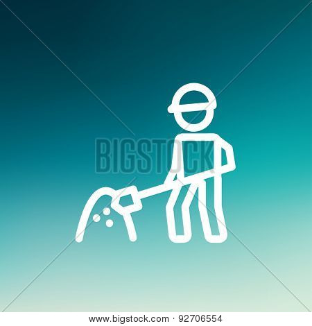 Worker with hard hat and shovel in building site icon thin line for web and mobile, modern minimalistic flat design. Vector white icon on gradient mesh background.
