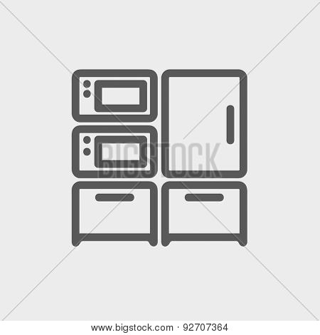 Home kitchen oven and microwave icon thin line for web and mobile, modern minimalistic flat design. Vector dark grey icon on light grey background.