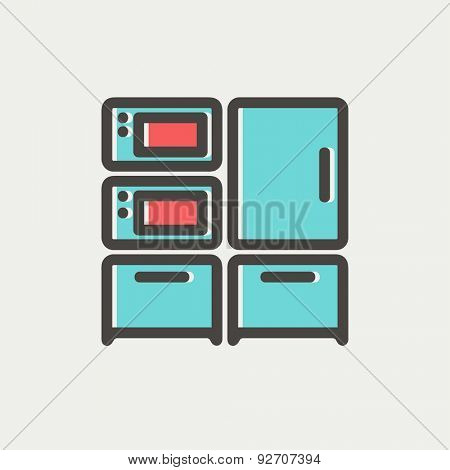 Home kitchen oven and microwave icon thin line for web and mobile, modern minimalistic flat design. Vector icon with dark grey outline and offset colour on light grey background.