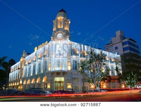 Facade Of Aya Bank Building At Night
