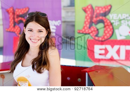 Cute Girl Selling Tickets For Exit Festival 2015 In City Center Of Novi Sad