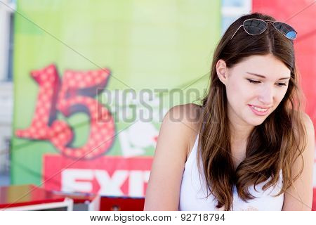 Cute Girl Selling Tickets For Exit Festival 2015 In City Center Of Novi Sad