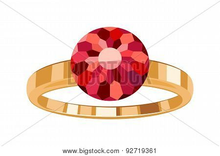 Golden ring with round ruby icon symbol isolated.