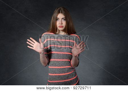 Fright, Panic, Consternation Concept. Woman Holds Up A Hand