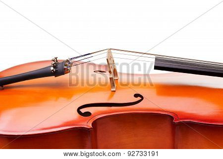 Close-up of cello fragment with bridge and F-holes
