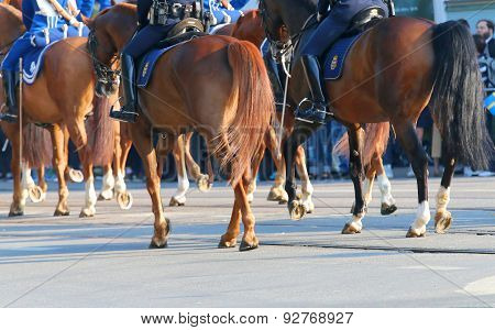 The Royal Guards In Blue Dresses On The Horse Back