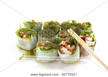 Fresh Vegetable Rice Sheet Rolls For Healthy With Seafood Sauce On White Background,soft Focus