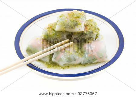 Fresh Vegetable Rice Sheet Rolls For Healthy With Seafood Sauce On White Background,soft Focus