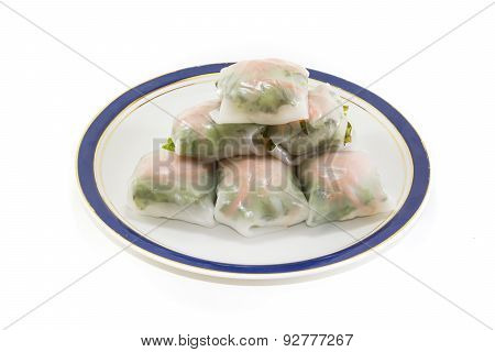 Fresh Vegetable Rice Sheet Rolls For Healthy With Seafood Sauce On White Background,soft Focus