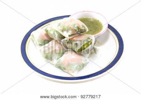 Fresh Vegetable Rice Sheet Rolls For Healthy With Seafood Sauce On White Background,soft Focus