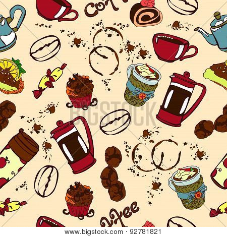 Coffee. Vector seamless pattern (texture) with with objects coffee category.
