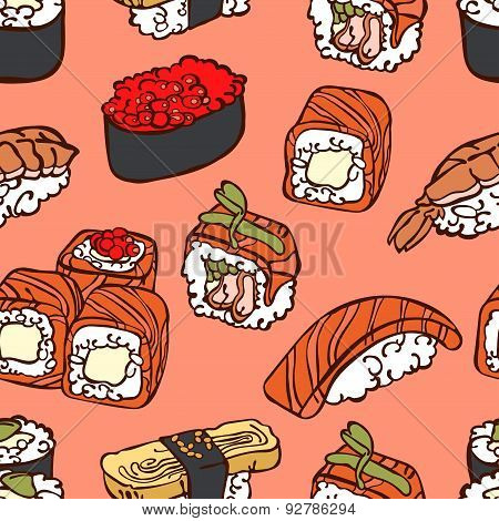 Japanese cuisine. Sushi. Rolls. Vector seamless illustration (texture).