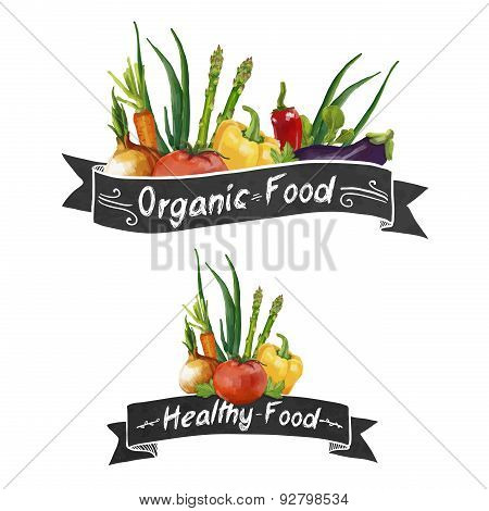 Template logo or decoration in retro style. Ribbons and different set of vegetables in a watercolor
