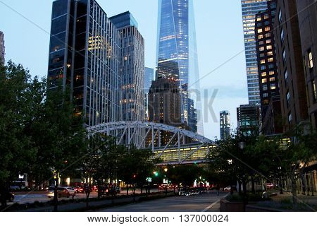 Downtown New York City looking at the bottom of the Freedom tower, at dusk