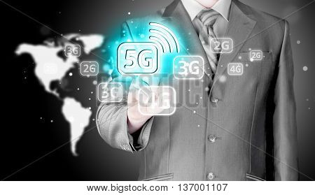 Businessman pressing data connection. High speed data connection. New modern technologies. Virtual world.