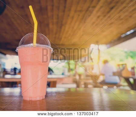 Strawberry Yogurt Blended smoothie in Wooden Cafe.