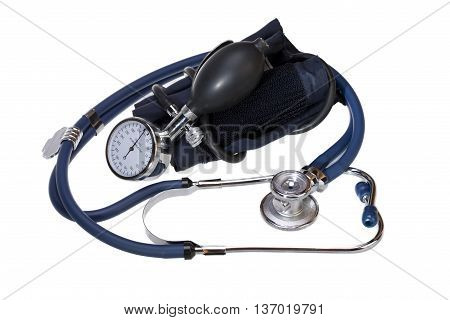 Blood pressure monitor and stethoscope on white background