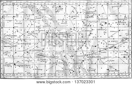 Map of Constellations. From Magasin Pittoresque, vintage engraving, 1878.