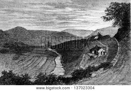The Chairieres in Wallonia, Belgium. Drawing by Lancelot. From Magasin Pittoresque, vintage engraving, 1873.