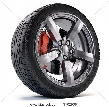 Car wheel with breke disc and caliper isolated on white. 3d illustration