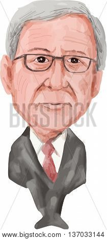 July 4, 2016: Water color caricature illustration of Jean-Claude Juncker a Luxembourgish politician and President of the European Commission the executive branch of the European Union (EU) viewed from front on isolated white background done in cartoon sty