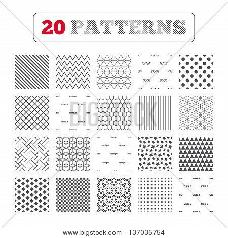Ornament patterns, diagonal stripes and stars. Programmer coder glasses icon. HTML5 markup language and CSS3 cascading style sheets sign symbols. Geometric textures. Vector
