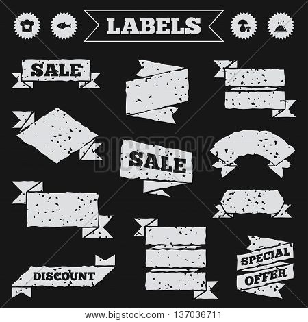 Stickers, tags and banners with grunge. Chief hat with heart and cooking pan icons. Fish and boletus mushrooms signs. Hot food platter serving symbol. Sale or discount labels. Vector