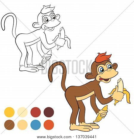 Coloring page. Color me: monkey. Little cute monkey stands and holds two bananas in the hands. Monkey smiles.