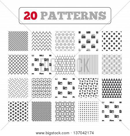 Ornament patterns, diagonal stripes and stars. Accounting binders icons. Add or remove document folder symbol. Bookkeeping management with checkbox. Geometric textures. Vector
