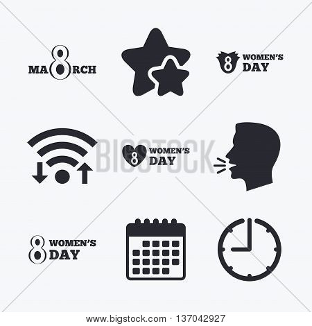 8 March Women's Day icons. Tulips or rose flowers bouquet and heart sign symbols. Wifi internet, favorite stars, calendar and clock. Talking head. Vector